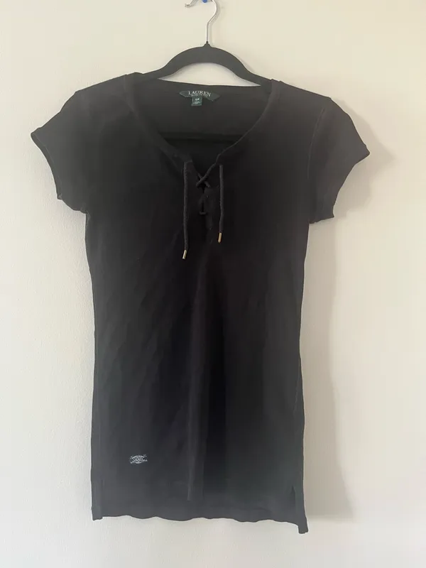 Lauren Ralph Lauren Black Ribbed Tee Small Lace Up 100% Cotton Minimalist - Image 2