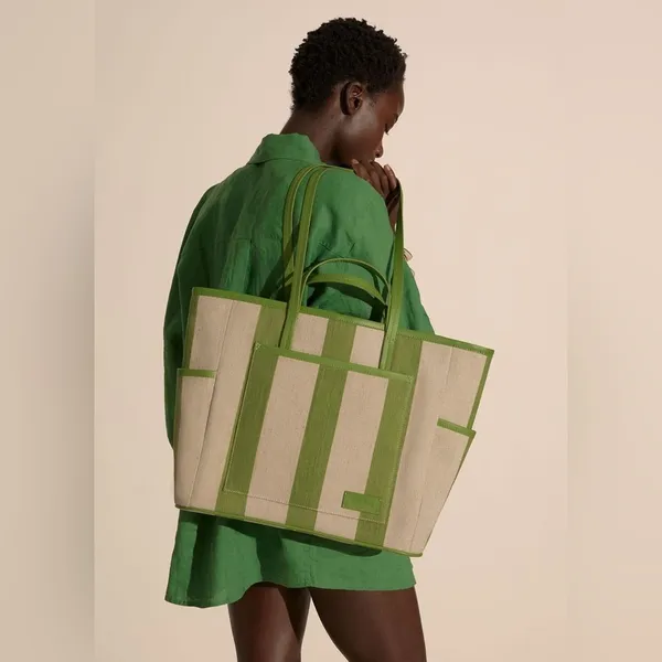 NWT & OTHER STORIES Green Canvas Leather Trim Large Tote Bag - Image 2
