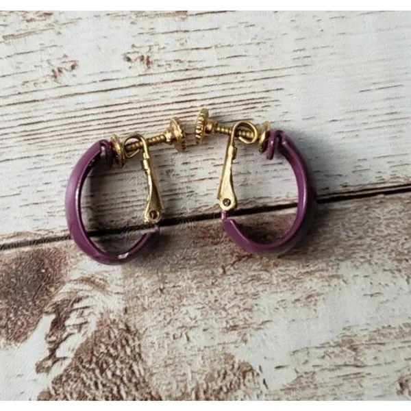 Vintage Clip On Earrings - Purple Hoops 0.75" - Small Paint Chip - Image 2