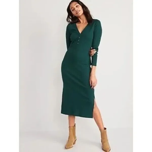 Old Navy V-neck Rib-Knit Henley Midi Dress in "Emerald Isle" Green 2XL #763 - Image 2