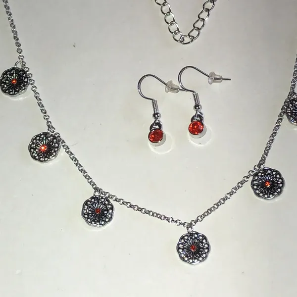 Silver Tone Floral Disc Necklace & Orange Accent Earrings Set - Image 3