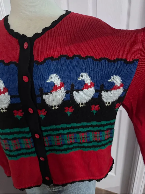 Vintage Goose Cardigan Sweater 90s Novelty Knit Heartstrings M - Image 5