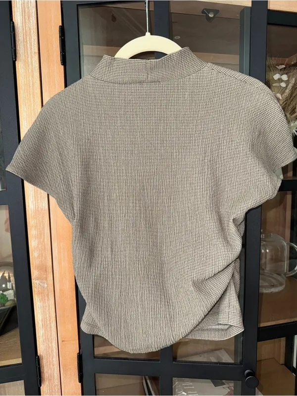 Zara ruched top textured gathered mock neck short sleeve neutral taupe - Image 6