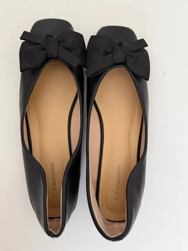 C.Paravano Black Bowknot Soft Leather Square Toe Flats Size 40 - Image 2
