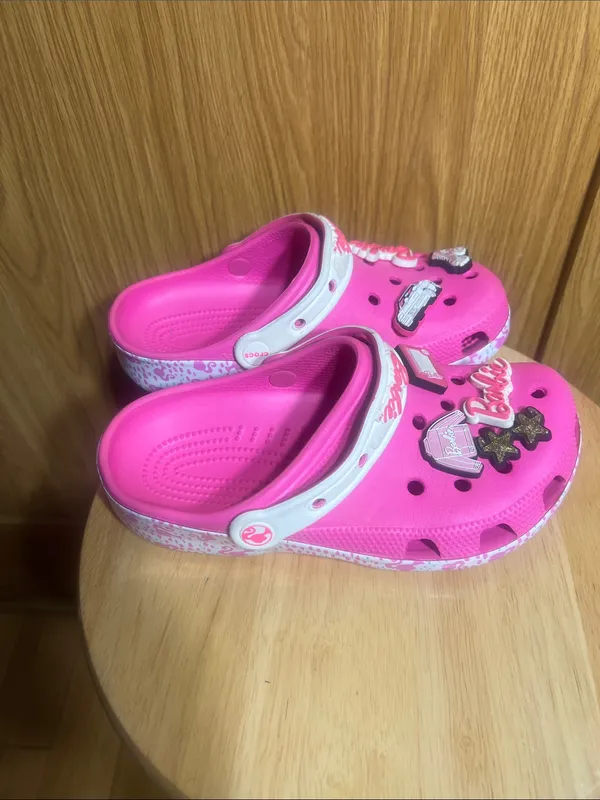 CROCS Hot Pink Sandal Clogs with White Heel Strap and Barbie Charms - Image 5