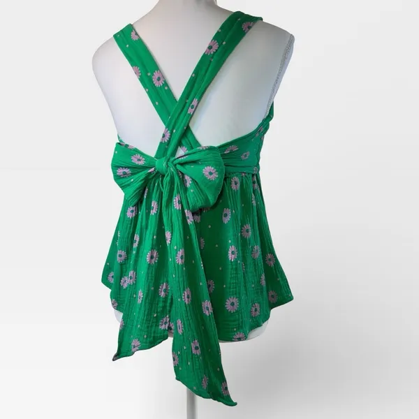 Entro Green Floral Babydoll Top with Bow Tie Spring Open Back Detail MEDIUM - Image 5