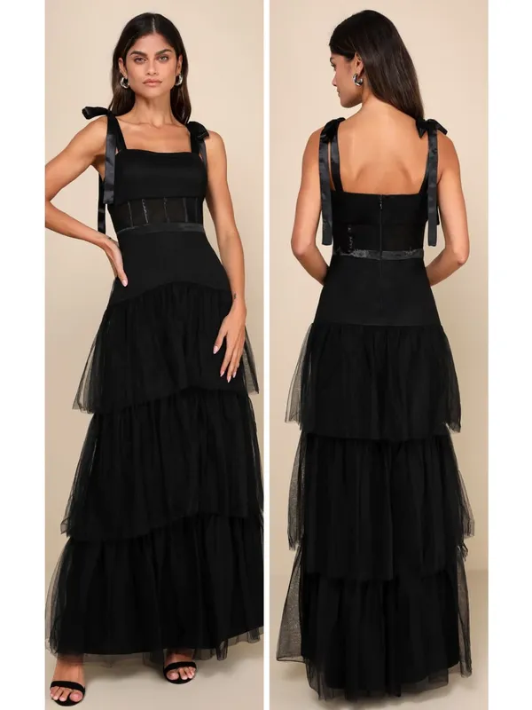 Lulus Enticing Mystique Black Tulle Tie-Strap Tiered Maxi Dress Size Small NWT - Image 2