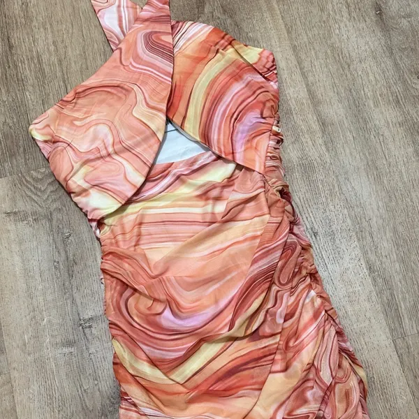 Princess Polly | NEW Orange Pink Marble Mesh Ruched Christoph Mini‎ Dress, 0 - Image 5