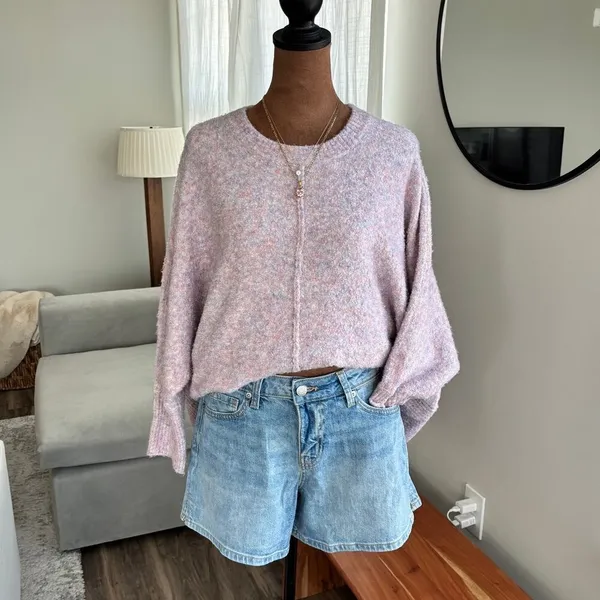 Lou & Gray Loft Pink Marble Heathered Knit Sweater Quarter Sleeve Poncho Style S - Image 3