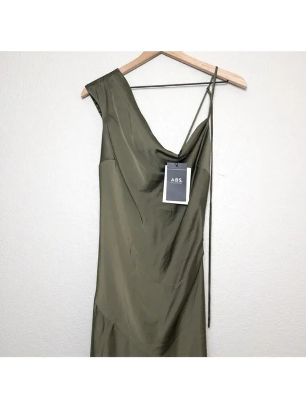 NWT ABS Allen Schwartz Everly Satin Drape Dress 2 Olive Green Slit One Shoulder - Image 6