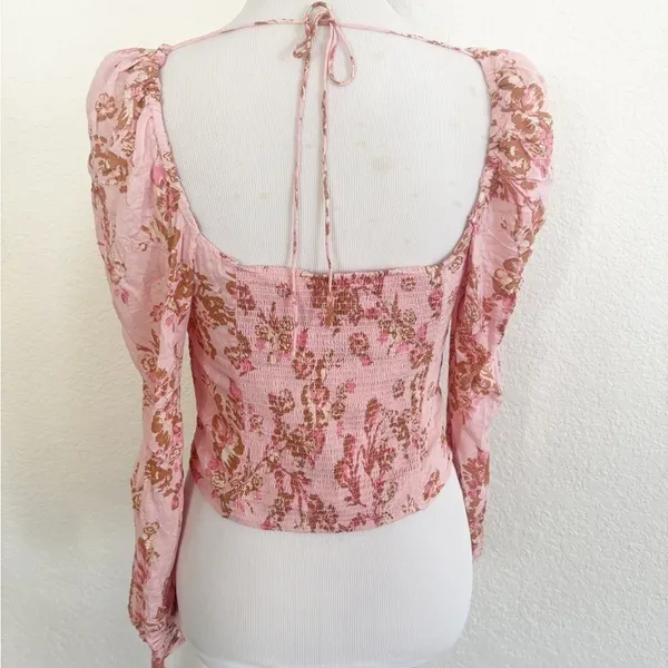 Free People Floral Crop Top M Pink Combo Smocked Puff Sleeve OB1569574 - Image 4