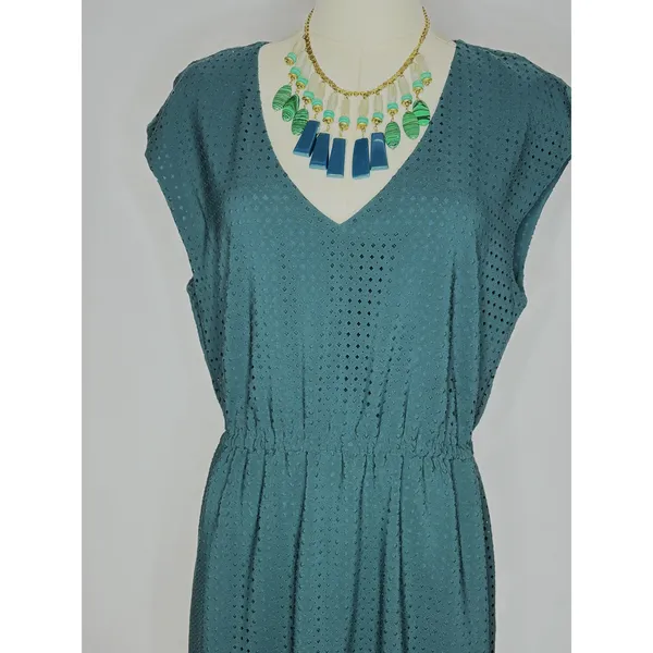 J.Crew‎ Teal Textured Perforated Midi Dress Elastic Waist Size 10 - Image 10
