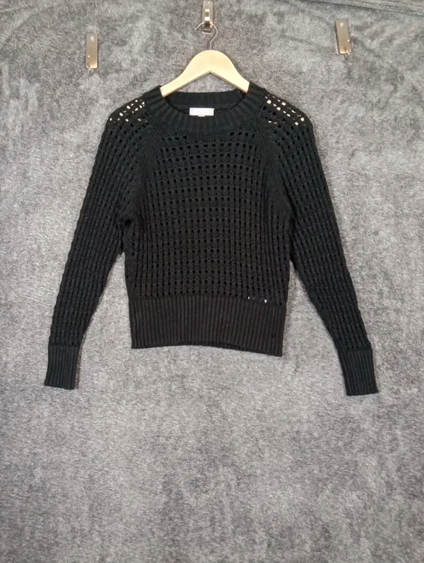 J Crew Pointelle Crewneck Sweater Black Knit Pull Over Boho Fall Womens M - Image 2