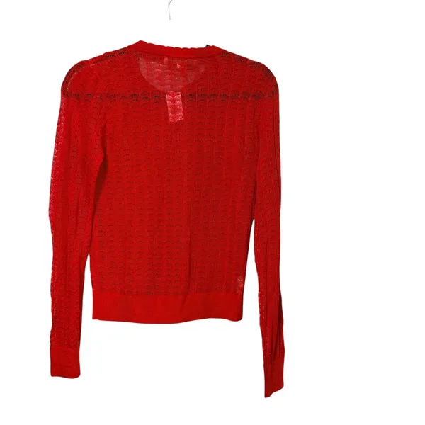 LOFT Red Pointelle Scalloped Button Front Cardigan Sweater Womens Medium - Image 2