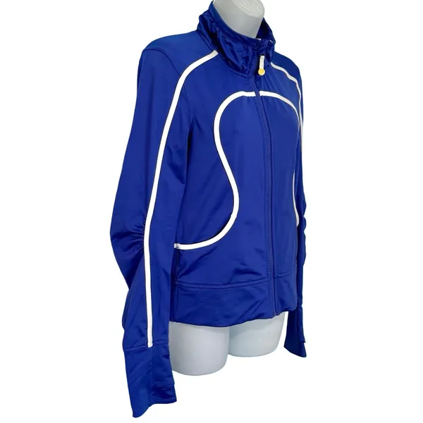 Lululemon Asana Blue Zip Up Track Jacket White Piping Thumbholes Size S / M - Image 7