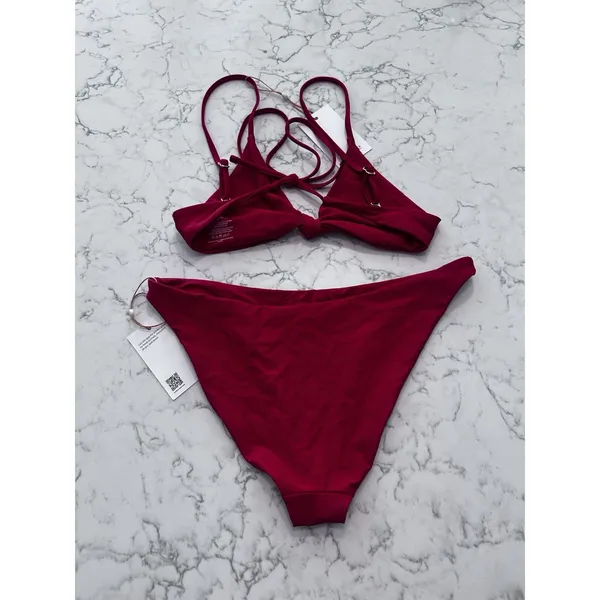 NWT Quince Cherry Red Knot Tie Bikini Top & Italian Low Rise Bottom Set Small - Image 2