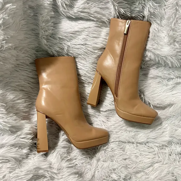 Gorgeous Elegant Tan nude chunky 90s faux leather Ankle Boots - Image 2