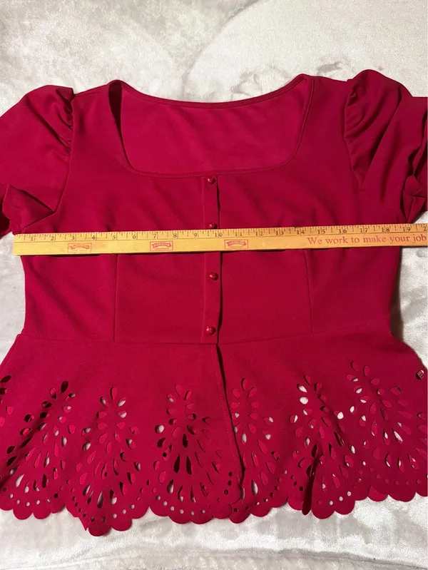 SHEIN Blouse Red Laser Cut Peplum Puff Sleeve Button Front XL Women - Image 7