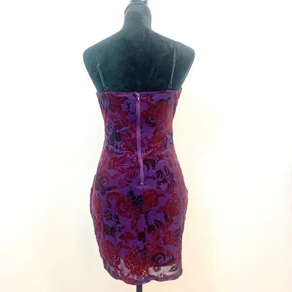 Privy Women's M Purple Red Flocked Velvet Floral Damask Mesh Bodycon‎ Mini Dress - Image 4
