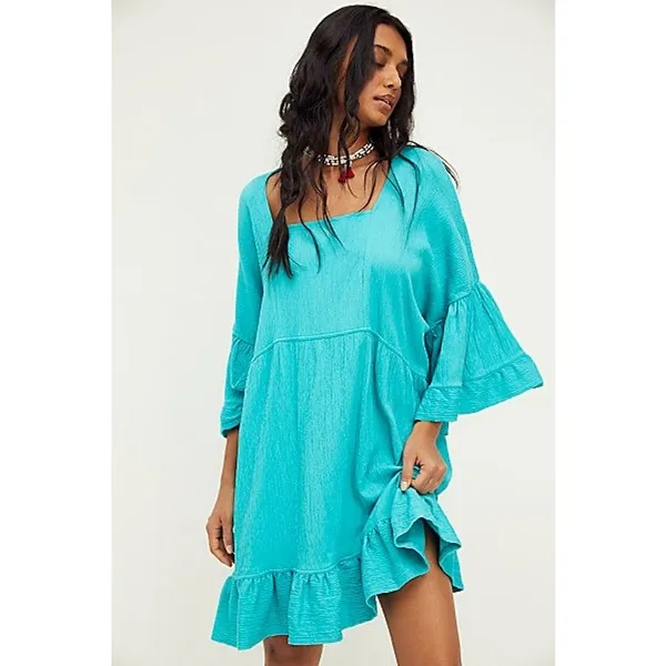 Free People Beach El Mar Ruffled Cotton Gauze Mini Dress Aqua Blue Size Small - Image 2