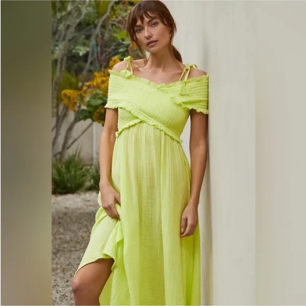 ANTHROPOLOGIE Smocked Gauze Lime Green Ruffled Women's maxi dress - Image 9