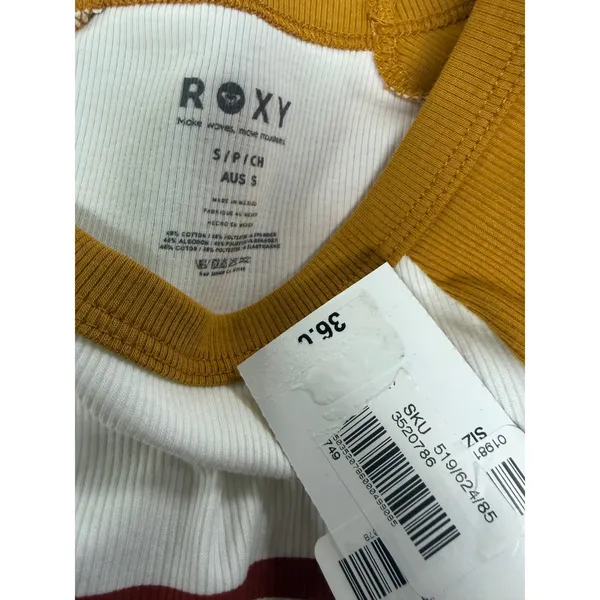 Roxy Womens Floral Raglan Ribbed Baby Tee Mustard Yellow White Crop Top Small….. - Image 3