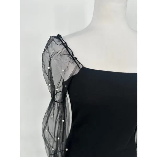 Thirty/Thirty‎ Mini Dress M Black Sheer Pearl Bodycon Party Cocktail Romantic - Image 3