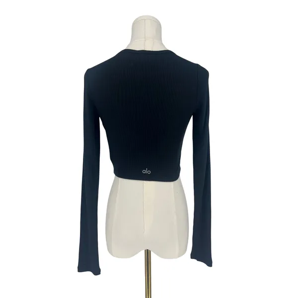 Alo Yoga Ribbed Cropped Whisper Cardigan Black Button Front XS - Image 11