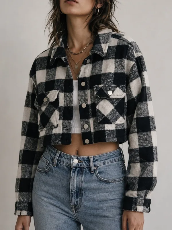 Zara Black White Cropped Buffalo Plaid Button Down Check Shacket - Image 8