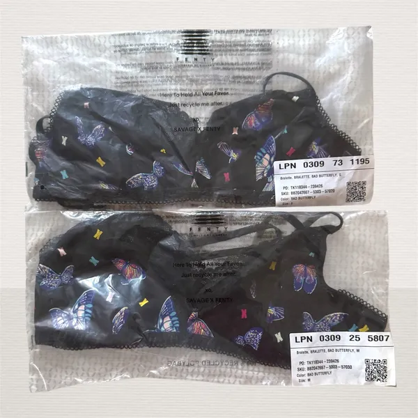 Savage X Fenty Cotton Essentials Unlined Bra Lace Bad Butterfly Black Size S Breathable Fabric: Soft and stretchy signature cotton-jersey body construction for comfortable, all-day lounge or streetwear wear.Unlined Support: Features lightweight, unlined 3-layer underwire cups and supportive wings designed to hug and lift your natural shape without extra bulk.Signature Details: Finished with delicate, tonal scalloped logo lace trim running along the cups.Custom Fit: Features fully adjustable shoulder straps and a classic hook-and-eye back closure with tonal nylon-coated hardware.Materials: Body is 95% Cotton, 5% Elastane; Delicate Lace trim is 82% Polyamide, 18% Elastane.Care Instructions: Hand wash cold, lay flat to dry. - Image 8