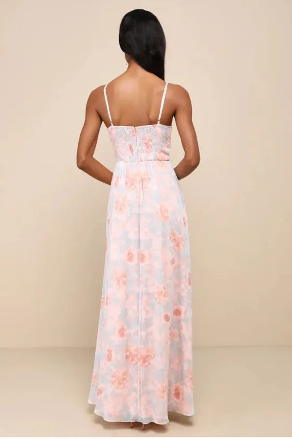 Lulus Exceptional Sweetness Peach Floral Chiffon Pleated Maxi Dress Size XL - Image 2