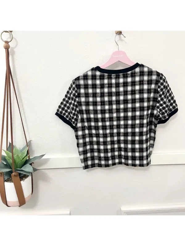 Alice + Olivia Piera Plaid Cropped Tee in Shaw Plaid Size S Black - Image 6