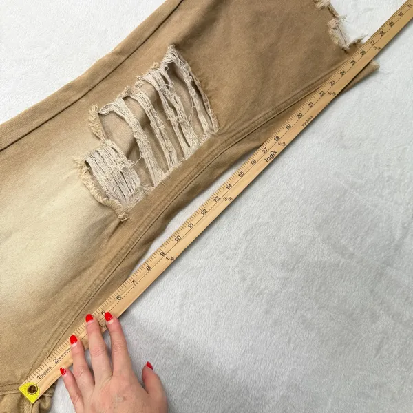 Boho S Jeans Flare Distressed Tan High Rise Raw Hem Shredded Knee Streetwear - Image 12