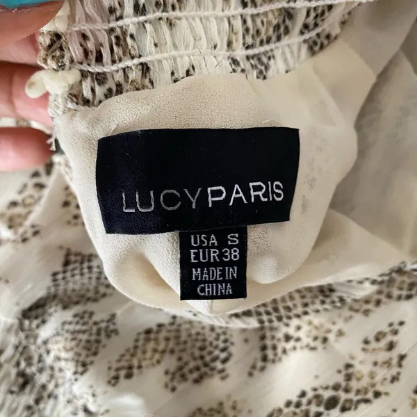Lucy Paris‎ Snakeskin MobWife Office Siren Smocked Peplum Blouse S Cream - Image 5