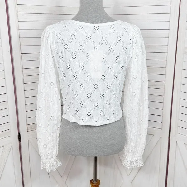 Zara Eyelet Balloon Sleeve Crop Top Shirt White Medium Cottagecore‎ Boho Country - Image 5
