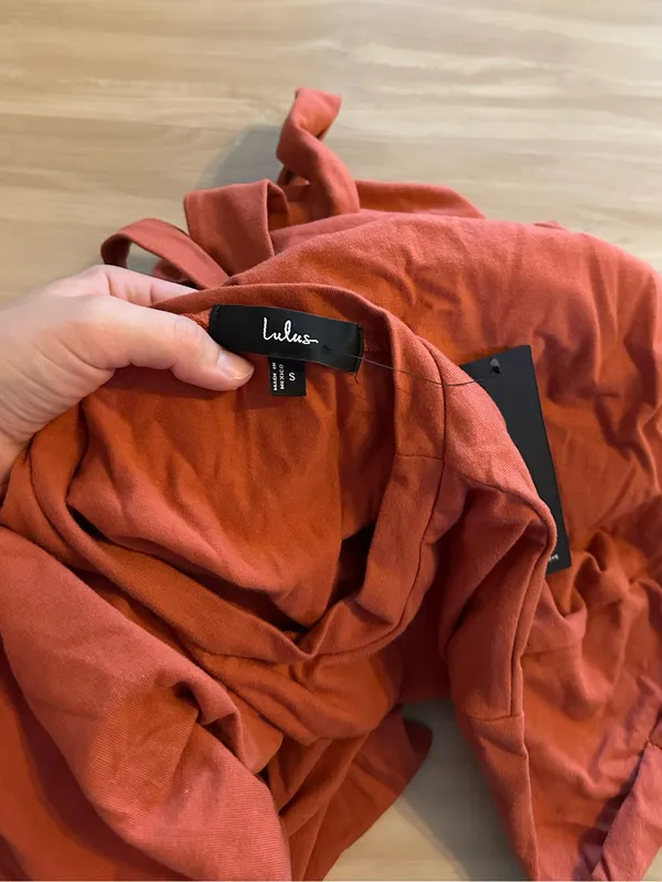 LULU’S Ioana Rust Red Short Sleeve Pleated Faux-Wrap Mini Dress - Image 5