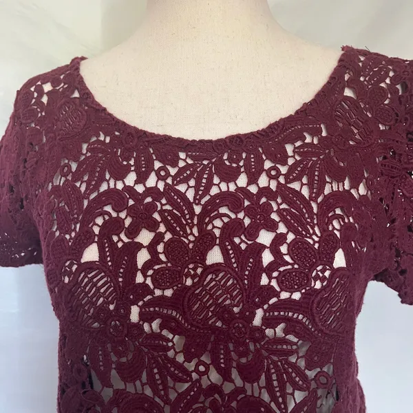 Abercrombie Fitch Y2K Crochet Crop Women Top XS Festival Coquette Boho Burgundy - Image 3