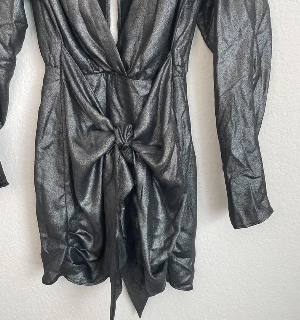 L'Academie The Dore Silver Front Tie Long Sleeve Mini Dress - Image 10