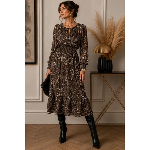 Greenpoint Brown Animal Print Metallic Lurex Smocked Midi Dress 42 XL‎ - Image 2