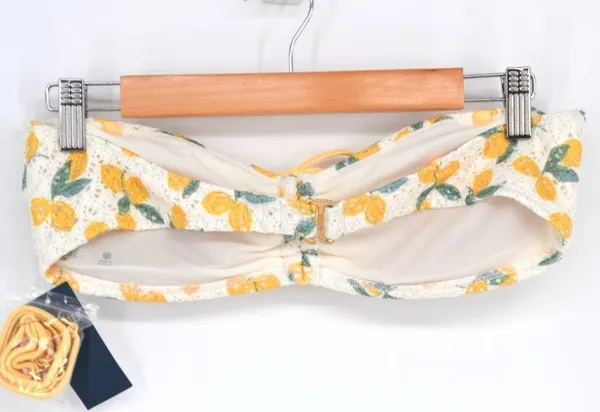 NEW Hollister Swim Crochet Bandeau Bikini Top Lemon Print White Yellow L - Image 6