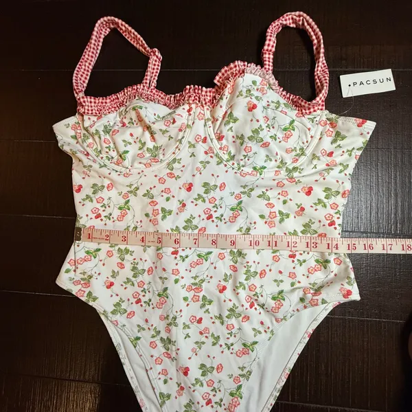 PacSun Swim Eco Floral Strawberry Underwire One Piece Swimsuit XL Gingham Tie - Image 4