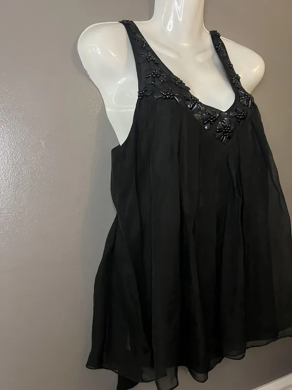 Rebecca Taylor Shirt Womens 6 Black Silk Beaded Embellished Flowy Tank Top - Image 3