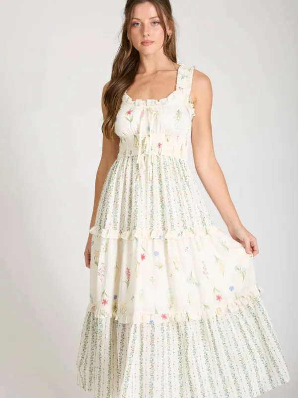 Floral Colorblock Ruffle Tiered Midi Dress Ivory Multi Medium NWT - Image 8