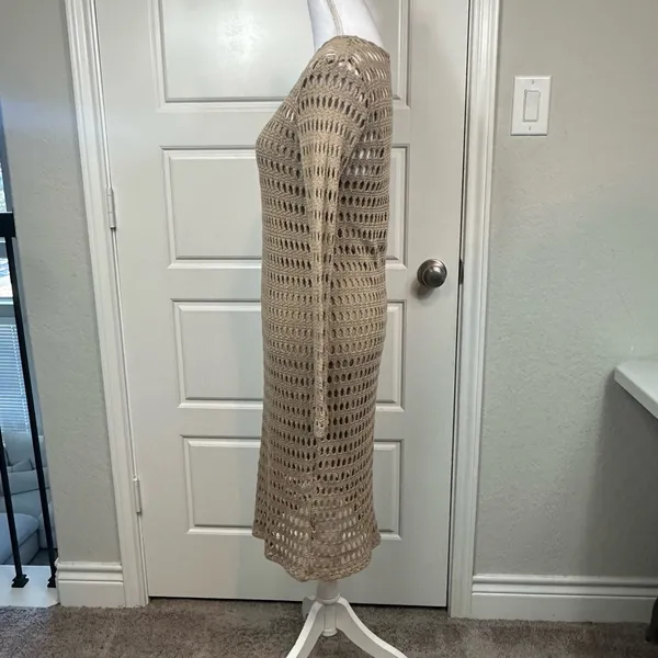 Zara Classic Open Knit Boho Crochet Lined Midi Length Dress in Tan Size Medium - Image 4
