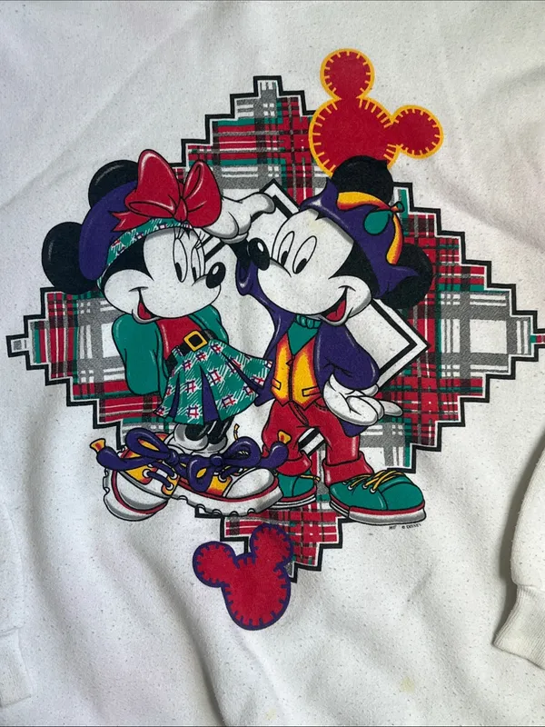 Disney Mickey Minnie Plaid Sweatshirt White Retro 🦋 - Image 2