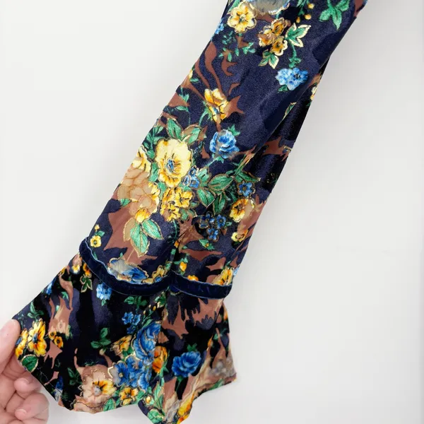 NWT Dalia MacPhee Womens Blue Floral Velvet‎ Boho Romantic Bell Sleeve Dress L - Image 3