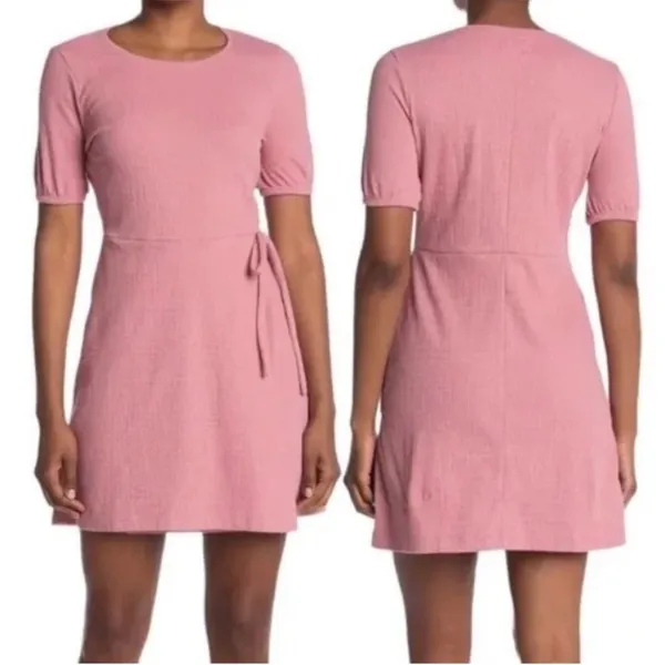 Madewell Crosshatch Short Puff-Sleeve Faux-Wrap Mini Dress Pink Mauve Size Small - Image 2