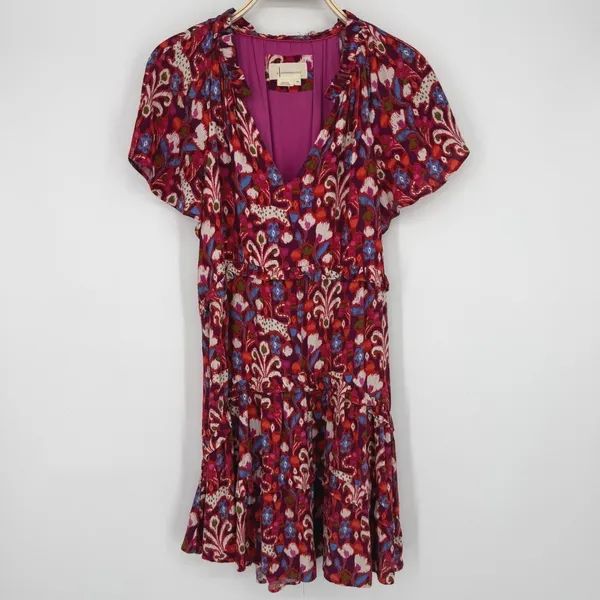 Anthropologie Robin Tiered Mini Dress Size XS Red Floral Ikat Ruffle Boho V Neck - Image 2