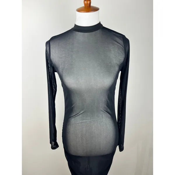 Sheer Mesh Long Sleeve Mock Neck Bodycon Midi Dress Black Ruched Thumbholes - Image 4