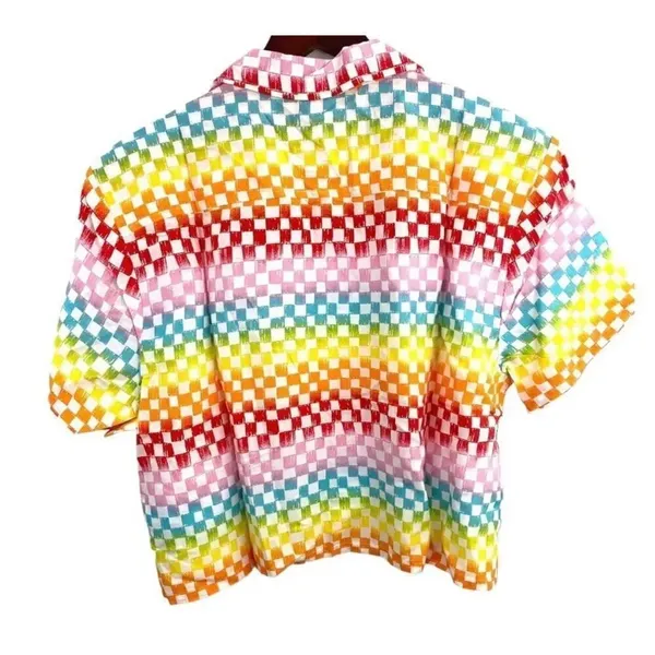 NEW BP Women Size Medium Rainbow Arcade Check Cropped Boyfriend Shirt - Image 3